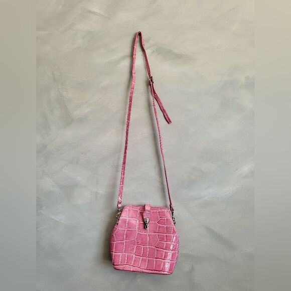 Pink Alligator Croc Embossed Small Leather Bag Made in Italy 8 x 8 - Picture 1 of 16